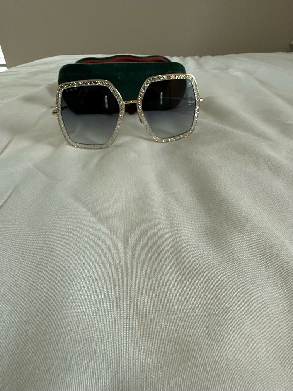 Authentic Gucci Oversized Glitter-Trimmed Hexagon Sunglasses